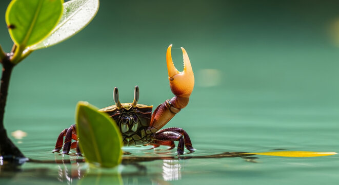 Fiddler crab waving claw mangrove standing at the water edge during low tide. This specific behavior is captured for International Day for the Conservation of the Mangrove Ecosystem.
