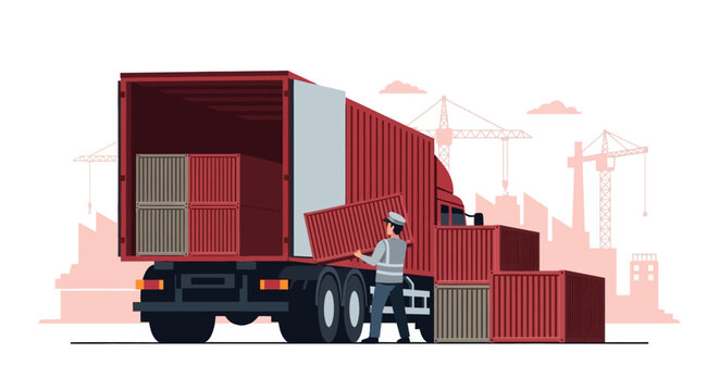 Man driving red shipping truck.
