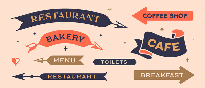 Wayfinding arrows. Directional signs collection. Vintage arrow set, banners with inscription. Design elements in retro style, navigation sign, signboard arrows pack, signage. Vector Illustration