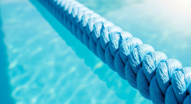 Pool rope float divider bright blue floating on clear water surface. Equipment for aquatic safety and swimming lane organization in professional sports facilities.