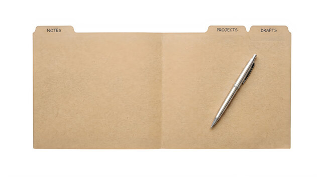 Organized brown folder with tabs for notes projects drafts and silver pen isolated transparent background