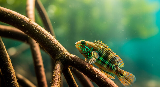 Blenny fish in mangrove roots perched on submerged wood in tropical swamp. Is intended for environmental educational materials and International Day for the Conservation of the Mangrove Ecosystem.