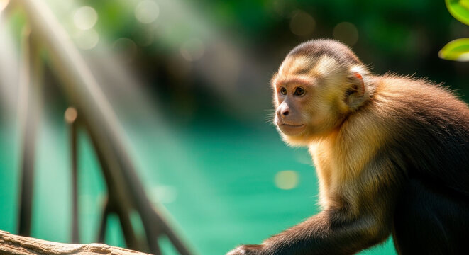 Capuchin monkey in mangrove habitat close-up portrait showing detailed facial features in wild forest. Highlights primate species for International Day for the Conservation of the Mangrove Ecosystem.