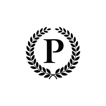 Letter p monogram surrounded by a circular laurel wreath emblem