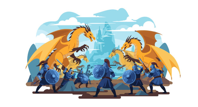 Warriors fighting giant dragons fiercely.