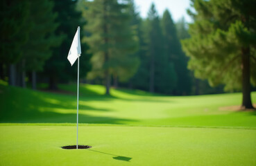 Obraz premium White flagstick marks hole on manicured golf course green. Smooth fairway surrounds putting surface. Tall pine trees create natural border. Sunny day provides perfect golf weather.