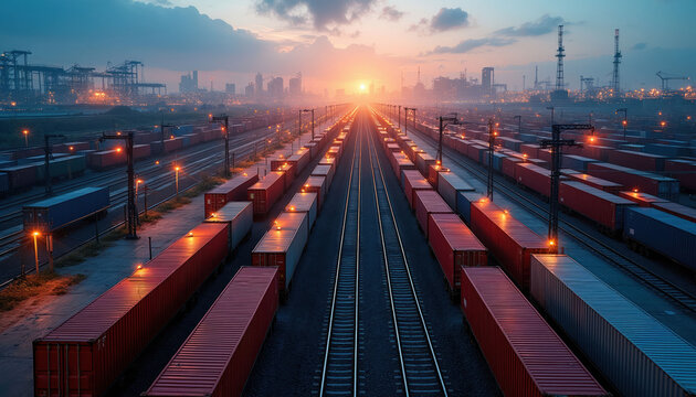Wide shot of cargo train yard at sunset. Rows of shipping containers on rail tracks stretch towards city skyline. Global logistics hub, transport network system.