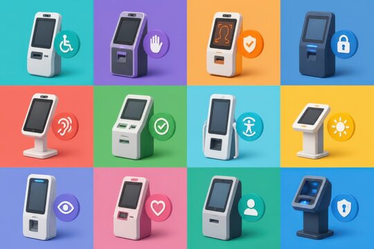 Security and accessibility kiosk terminals shown in colorful 3D render with touchscreen self service devices and feature icons