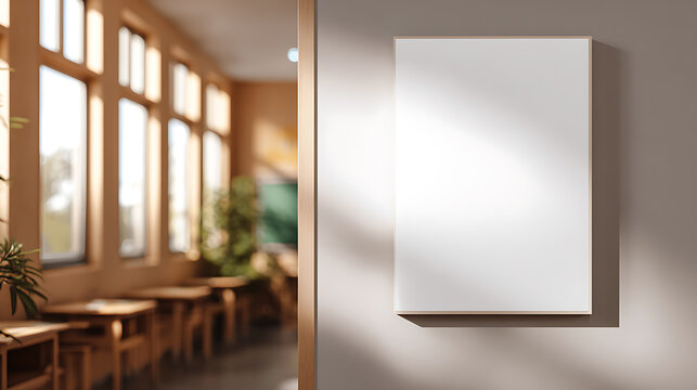 Blank White Canvas on Wall with Sunlight Shadows, Blurred Cafe Interior Background, Mockup for Art, Display, or Advertisement