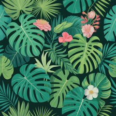 Naklejka premium Lush tropical foliage with colorful flowers in vibrant green background isolated on white background