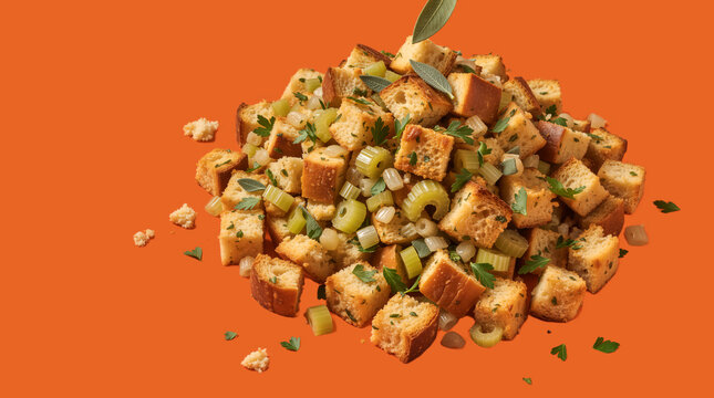 Pile of traditional Thanksgiving bread stuffing with celery and fresh herbs. Homemade holiday side dish on a solid orange background