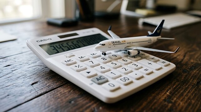 Miniature airplane model sitting on top of calculator showing travel expenses