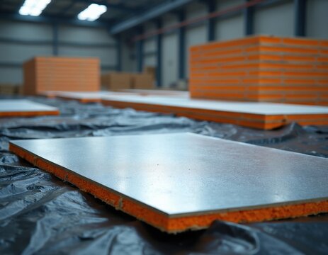 Insulated panels are stacked on a construction site floor. Building materials are prepared for assembly. Construction project in progress indoors.