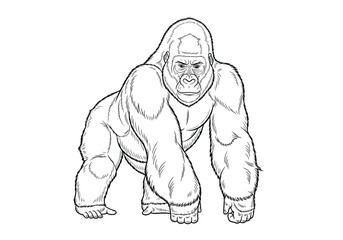 Silverback gorilla standing on all fours line drawing illustration with line art © Popular Line 