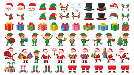 Cartoon Christmas collection. Xmas hats and New Year gifts. Santa Claus and elves helpers characters. Santas character mask, gift box, elfs legs and reindeer hat. Isolated vector icons set © Kingko
