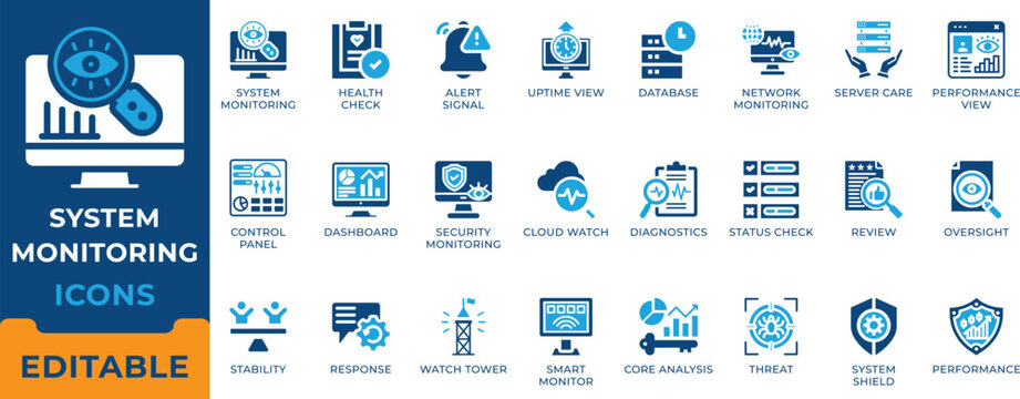 System monitoring and server maintenance icon set. Network diagnostics, cloud watch, cyber security, database health check and IT performance dashboard vector symbols.