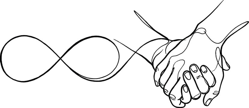 Continuous line drawing of two hands holding each other connected to an infinity symbol, eternal friendship or love