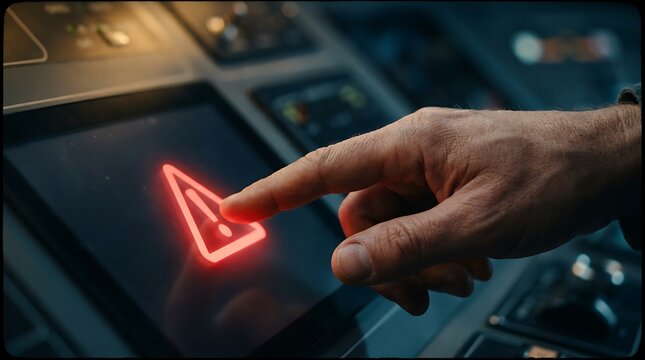 Closeup of a human finger touching a glowing red exclamation mark warning symbol on a modern control panel screen