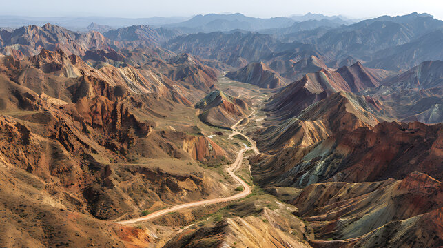 Vast danxia landform formations in the Qilian Mountains of China showcase rugged, layered terrain with a winding road cutting through the arid landscape
