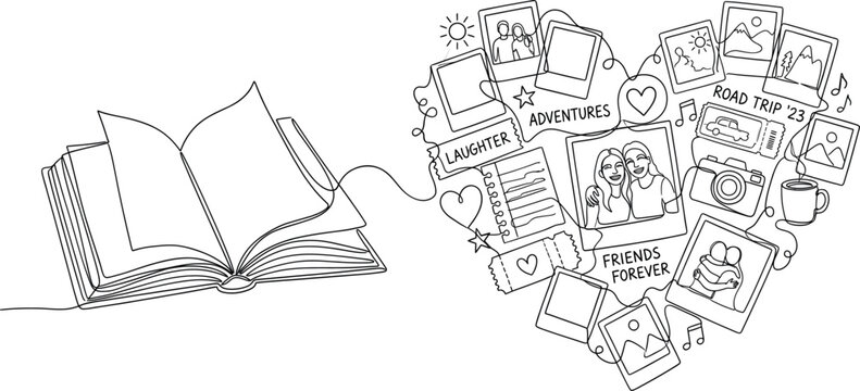 Continuous line drawing of an open book connected to a heart shaped collage of memories, photos, and travel tickets