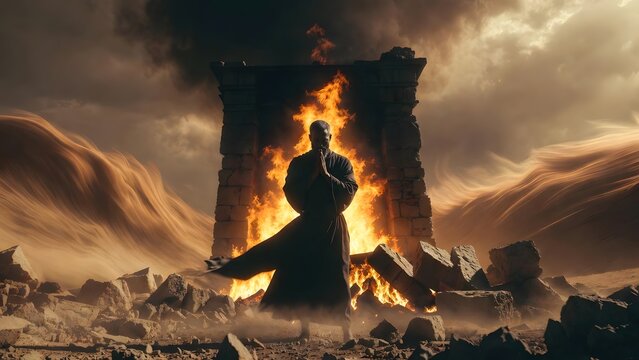 A biblical figure standing alone before a blazing furnace with hands clasped in unwavering prayer, broken stone ruins and desert wind surrounding the scene, low dramatic firelight colliding with a dim