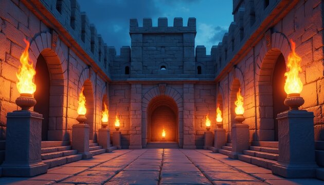 Stone castle courtyard with burning torches creating dramatic light. Arches, stairs, and granite blocks form ancient architecture. Dark night sky looms above the fortified structure.