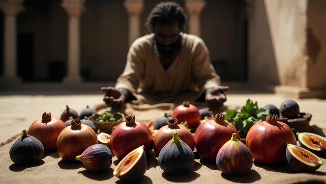 A biblical household figure seated before a low table set with ripe fruit that remains untouched, a shaded courtyard dining space with simple columns and silent domestic stillness intensifying the inw