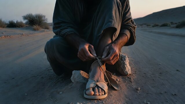 A biblical pilgrim seated on a roadside stone while tying a worn sandal with deliberate slowness before continuing onward, a long desert track, sparse brush, and a distant rise creating a sense of jou