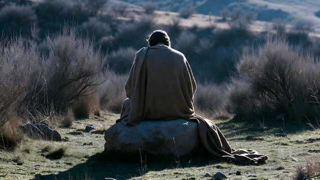 A biblical prophet figure seated beside a folded cloak placed on a large stone as if setting aside authority for a moment of searching, a lonely ridge with dry brush and distant wilderness giving emot