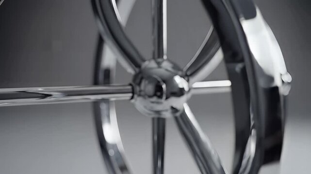 Close-up of a chrome mixer attachment with reflective surfaces.