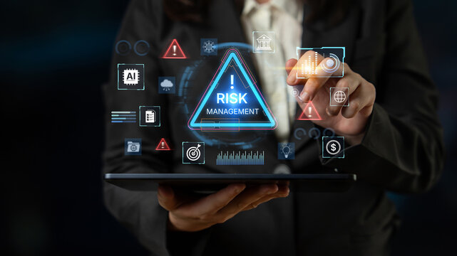 Futuristic risk management featuring AI agents analyzing data, detecting anomalies, and predict financial threats. Represents dynamic risk assessment, compliance, and cyber resilience. Corpus
