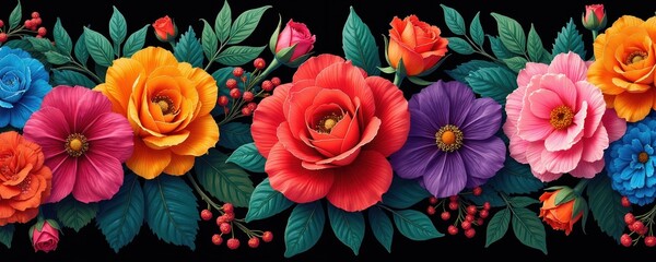 Naklejka premium Vibrant garden border with large blooming roses and daisies in vivid red, orange, pink, purple, and blue. Dark green leaves and red berries accent the floral arrangement.