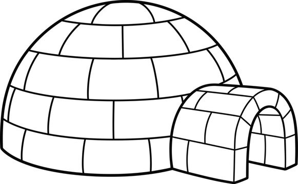 A simple black and white line art illustration of a traditional dome shaped igloo made from rectangular ice blocks for a winter themed coloring page.