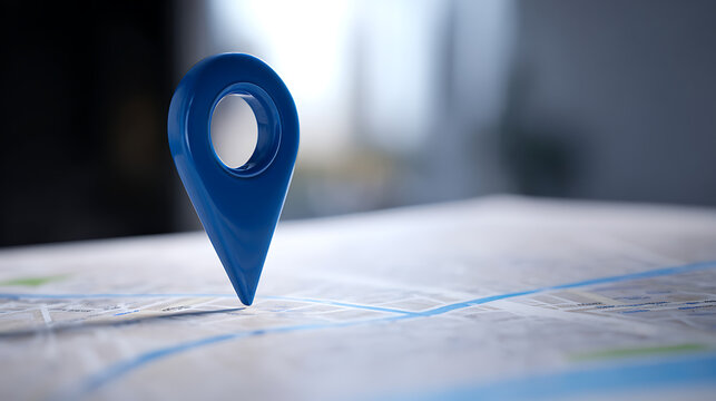 Blue Map Pointer Pin on Paper Map with Blurred Background: Concept for Location, Navigation, Travel, Journey, Direction, GPS, and Wayfinding Symbol