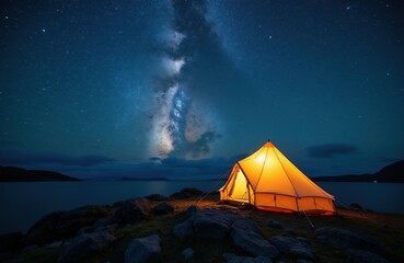 Fototapeta premium Orange bell tent glows on rocky shore under starry night sky with visible milky way. Calm lake water reflects dark distant hills and faint celestial light.