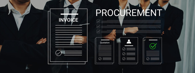 Naklejka premium Group of business professionals discuss procurement strategies while reviewing essential documents like invoices and checklists to enhance decision-making processes. Cyphers