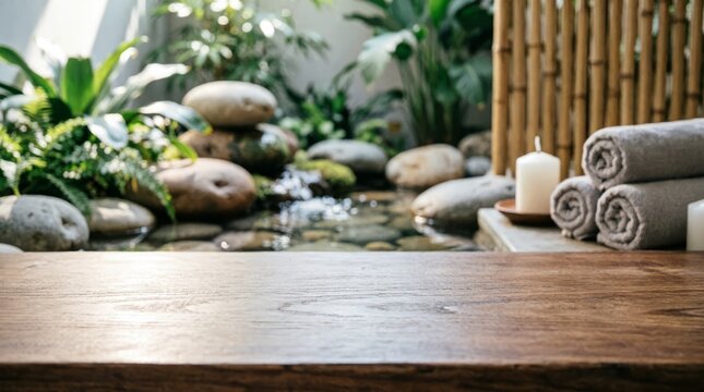 Spa Retreat with Wooden Table and Natural Elements for Wellness Design