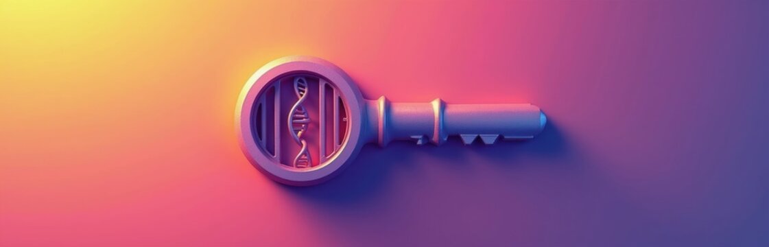Key with DNA helix inside grants access. Digital security concept with gradient background. Genetic data encryption and identity verification for tech and science.