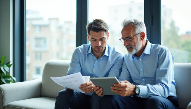 Mature businessman discusses papers, tablet with younger colleague on sofa. Two men in light blue shirts collaborate indoors, likely in office lounge meeting area. Share information, strategize