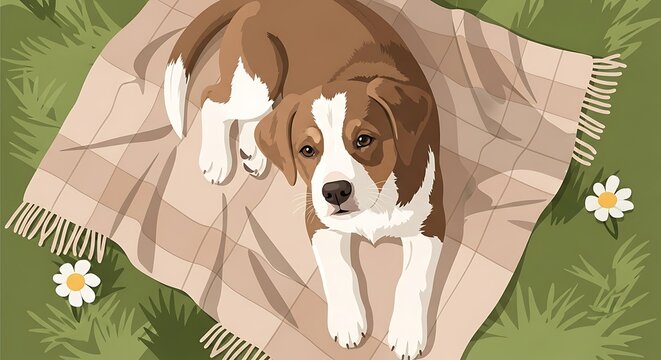 Relaxed Brown White Dog Lying on Beige Blanket in Grass