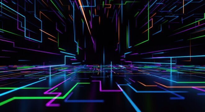 Multicolored glowing digital pathways converge toward a distant vanishing point in a dark void.