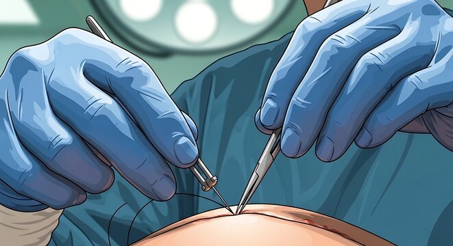 Blue Gloved Surgeons Performing Precise Surgical Suturing