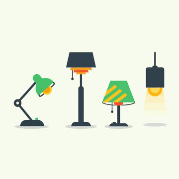 Collection of various lamps and lighting fixtures in a flat design style.