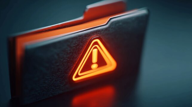 Urgent alert glowing on futuristic digital folder, representing critical data security warning or system error notification, conveying digital danger and system vulnerability.
