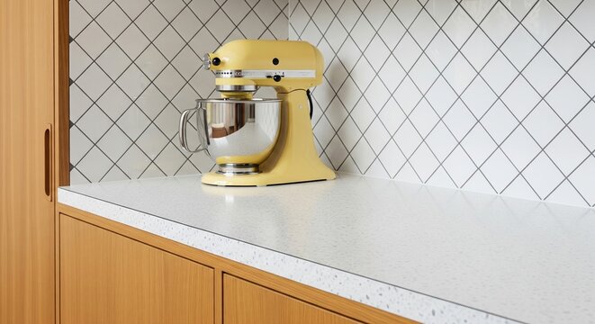 Pale yellow stand mixer standing on white countertop in modern kitchen with diamond tiles