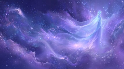 Naklejka premium Ethereal cosmic goddess floating through purple galaxy fantasy celestial dreamy artwork