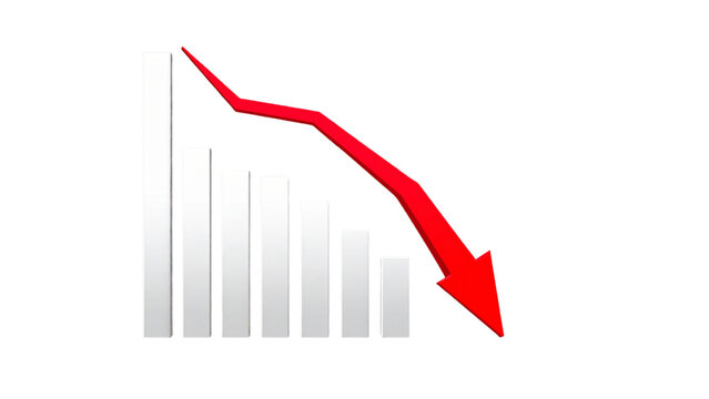 Financial loss icon with a descending bar chart and arrow representing recession business failure stock market crash and economic decrease vector solid glyph icon