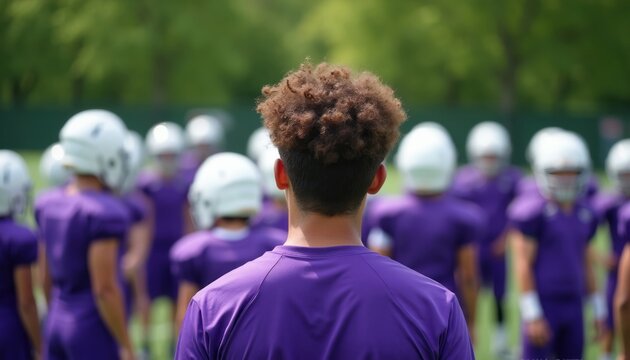 Team huddle before football game. Players wear purple uniforms and white helmets. Coach gives pep talk. Young athletes train on green grass field. Focus on unity and strategy.