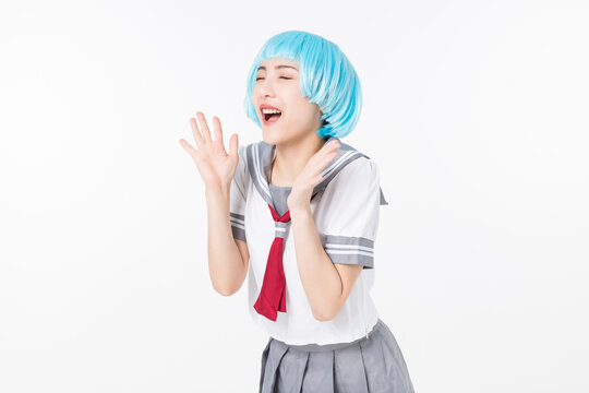 Excited Anime Schoolgirl Cosplay Shouting