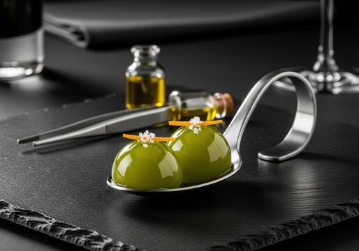 Molecular liquid olives made by spherification on metal spoon with olive oil vials background
